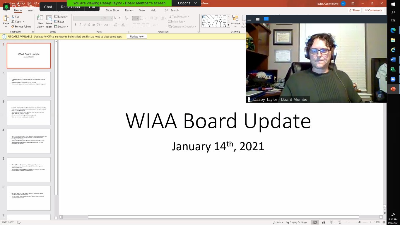 Tumwater School District Board Member Casey Taylor gives the Board an update on the new WIAA protocol for athletics, Jan. 14, 2021.